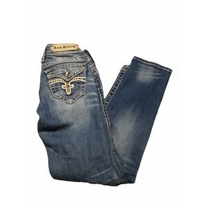 Rock Revival Womens Noelle Blue Distressed Capri Jeans Size 25 Rhinestones